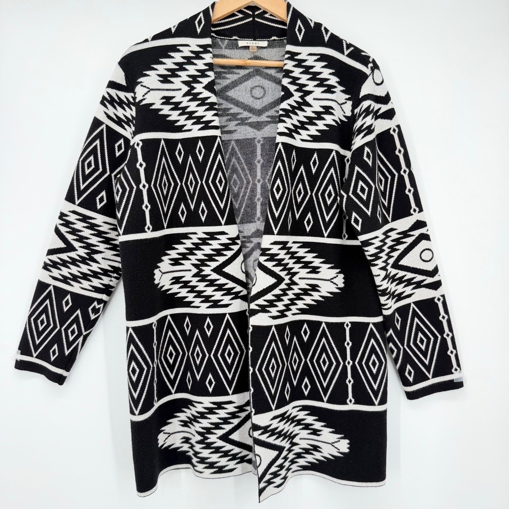Sioni Black Ivory Southwestern Aztec Open Front Long Cardigan Sweater Large